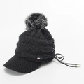 Women's black knitted winter visor hat with a large faux fur pompom and side drawstrings - Black