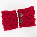 Close-up of red cable knit headband with white lace trim and two wooden buttons - Burgundy