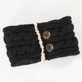 Detail of cable knit headband featuring ivory lace trim and two brown wooden buttons - Black