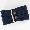 Detail of dark blue cable knit headband with cream lace trim and two wooden buttons - Navy Blue