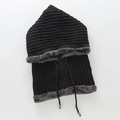 Close-up of knit hood with drawstring, metal tips and grey faux fur lining - One Size / Black