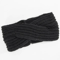 Close-up of the black ribbed knit headband showing the cross-knot texture and warm wool yarn - Black