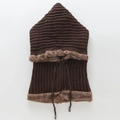 Close-up of thick knit hooded scarf with warm faux fur lining and drawstring toggle - One Size / Coffee