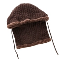 Dark brown chunky cable knit hooded scarf with warm faux fur lining and drawstrings - Coffee