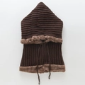 Dark brown striped hooded knit scarf with faux fur trim and adjustable drawstring - One Size / Coffee