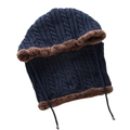 Winter cable knit integrated hood scarf with thick plush lining in navy blue and brown - Navy Blue