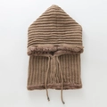 Brown knitted balaclava with striped pattern and cozy faux fur lining with drawstrings - One Size / Khaki