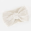 Creamy white knitted winter headband with bow knot and warm thick ribbed texture - White