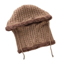 Brown cable knit balaclava hat with thick faux fur lining and adjustable drawstring - Khaki