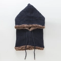 Navy knit balaclava with brown plush lining and drawstring for winter warmth - One Size / Navy Blue