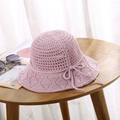 Detailed knit texture and ribbon bow on pink summer sun hat for women - One Size / Pink