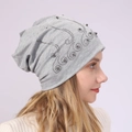 Light grey double-layer cotton beanie with pearl bead pattern on a female model - Light Gray