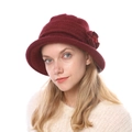 Detailed close-up of wine red knit flower basin hat for women in warm winter style - One Size / Burgundy