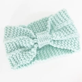 Thick mint green knitted headband for winter with ribbed texture and twist knot - Lake Blue