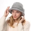 Close-up of grey knit bucket hat with a 3D floral accent and soft wool texture - One Size / Light Gray
