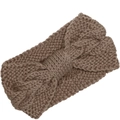 Close-up of brown cable knit headband with bow detail and soft handmade wool texture - Khaki