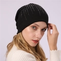 Close-up of black cotton slouchy beanie with radiant silver rhinestone detailing - One Size / Black