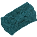 Close-up of teal knit headband with chunky cable stitch and elegant twist knot detail - Green