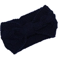Detail of navy blue cable knit headband with twisted bow design for winter warmth - Navy Blue