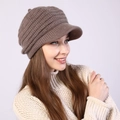 Detailed texture of thick striped knit visor beanie for women in coffee brown - Adjustable / Khaki