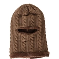 Detail view of brown cable knit balaclava with thick plush fleece lining for winter warmth - Adjustable / Khaki