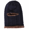 Detail of dark blue cable knit balaclava with warm brown plush lining and thick texture - Adjustable / Navy Blue