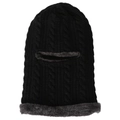 Detail of cable knit texture and warm grey plush faux fur lining on winter balaclava hood - Adjustable / Black
