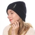 Navy blue ribbed knit beanie with Breakout label and warm fleece lining for winter - Adjustable / Navy Blue