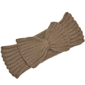 Close-up of dark brown knit headband featuring a thick texture and large bow detail - Light Coffee