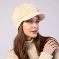 Detailed close-up of cream knit visor beanie showing soft thick ribbed texture - Adjustable / Beige