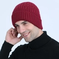 Detail showing red cable knit pattern and warm fleece lining on the men's winter beanie - One Size / Red