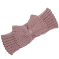Close-up of mauve ribbed knit headband for women featuring a large decorative bow detail - Pink
