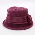 Thick dark purple knit basin hat with faux rabbit fur texture and 3D floral detail - One Size / Rose Red