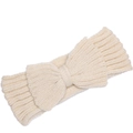 Close-up of cream ribbed knit headband featuring a thick wool bow and soft texture - Beige