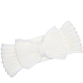 Close-up of white knitted headband showing thick texture and large bow detail - White