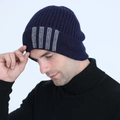 Detail of dark blue ribbed knit beanie with grey vertical stripes and fleece lining - One Size / Navy Blue