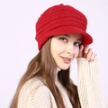 Close-up of red striped knit visor beanie with thick fleece lining for winter warmth - Adjustable / Red