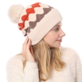 Beigefarbene gefütterte Strickmütze mit Wellenmuster und weichem Kunstfell-Bommel - Einheitsgröße / Beige
