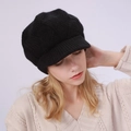 Women's black cable knit newsboy hat with fleece lining and warm thermal texture - One Size / Black