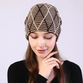 Winter knitted beanie with diamond jacquard pattern in dark brown and beige for warmth - Beige Coffee