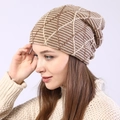 Women's slouchy winter beanie with beige and coffee geometric diamond knit pattern - Khaki