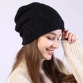 Winter black knit beanie with geometric diamond pattern and warm fleece lining - Navy Blue