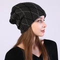 Winter slouchy knit beanie featuring a dark grey and black geometric ribbed pattern - Dark Gray