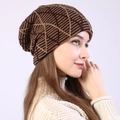 Winter thermal knit beanie featuring brown and beige geometric lattice pattern for warmth - Coffee