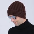 Men's brown ribbed knit winter beanie with thick fleece lining for cold weather - One Size / Coffee