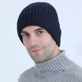 Men's navy blue cable knit beanie with warm fleece lining and ribbed cuff for winter - One Size / Navy Blue