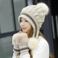 Women's winter warm knit earflap hat and fingerless gloves set with faux fur pom poms - Beige