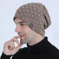 Men's brown waffle knit beanie with fleece lining and tiger patch for winter warmth - Khaki