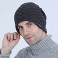 Men's dark grey knit beanie with warm fleece lining and textured grid pattern - Gray