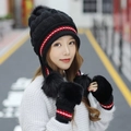 Women's winter knit hat and gloves set with faux fur pom and jacquard patterns - Hat + Gloves Set / Black